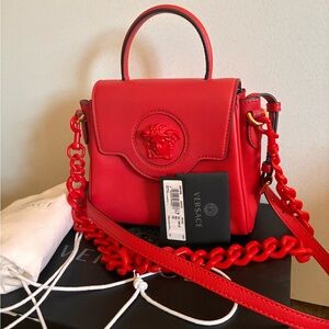 Versace Red Medusa  Top-Handle Bag with Chain-Link Strap Small